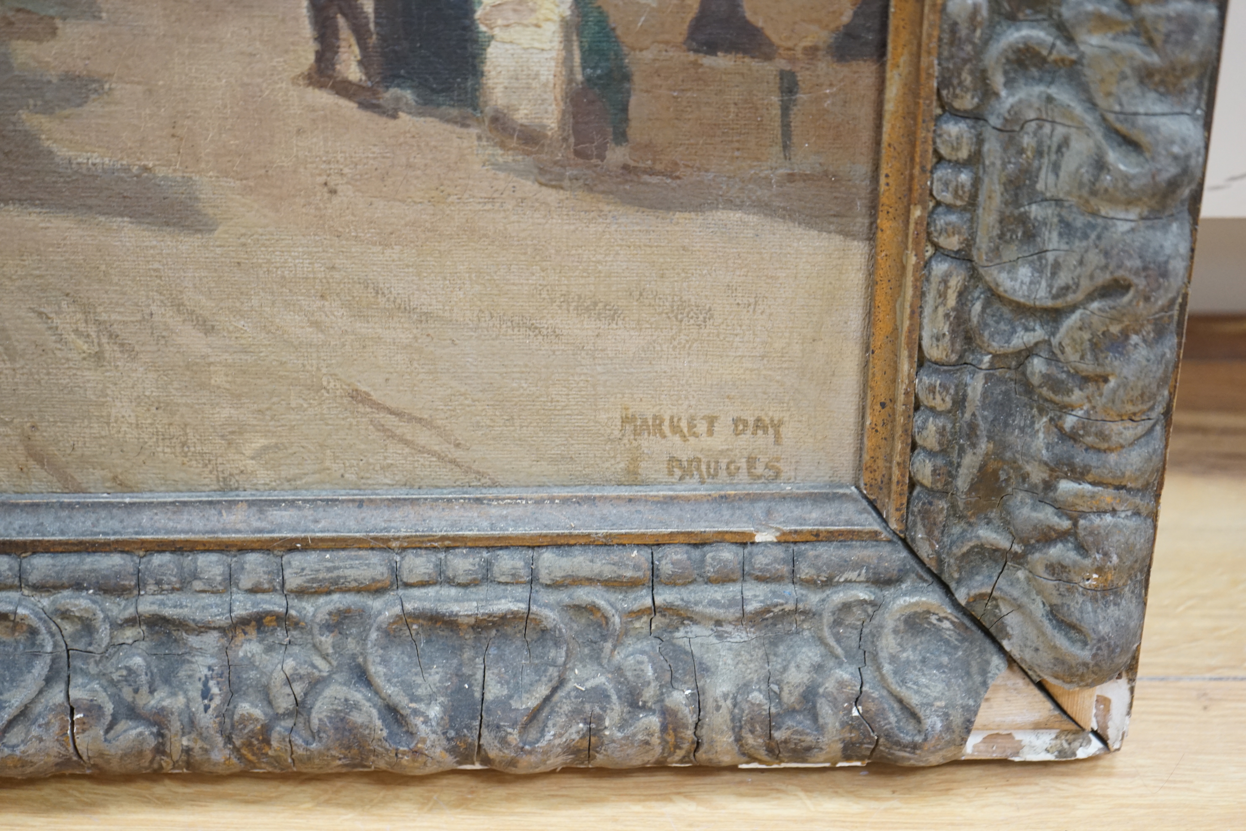Albert Ernest Bottomley (1873-1950), oil on canvas, 'Market Day, Bruges', signed and inscribed, 60cm x 49cm